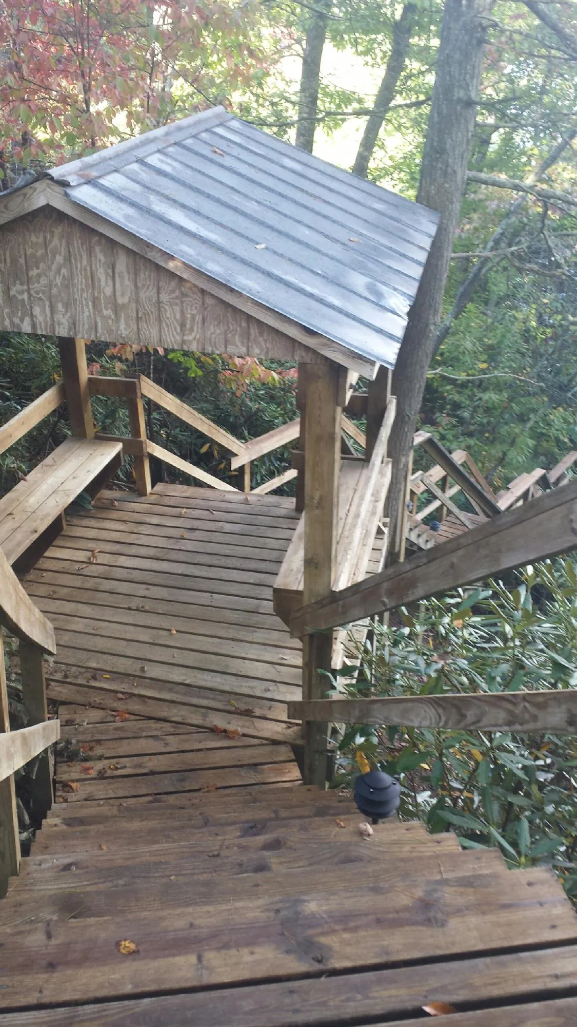 Metal roofed shelter over wooden steps on a wooded walkway — Skylight Repair & Installation work by our crew in Faulkner